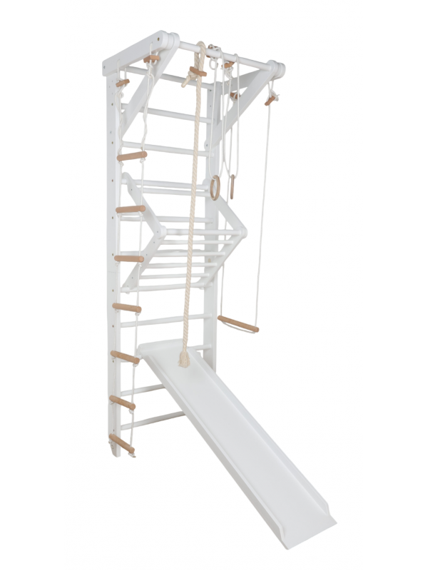 Beli otroški letvenik z dodatki – certificiran lesen ribstol za domačo vadbo Beli otroški letvenik z dodatki – certificiran lesen ribstol za domačo vadbo